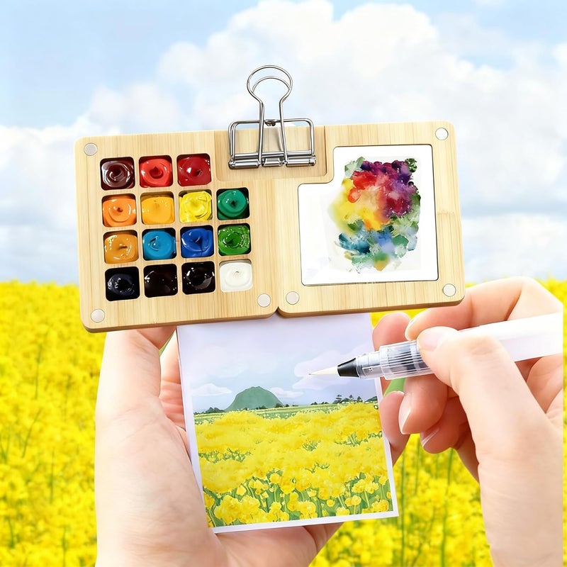 F'DIARY Mini Travel Watercolor Set Pocket Artist Watercolor Travel Set Grid Palette Box Sketch Book Brush Pens With Binder Clips For Painters Artists Students (bamboo, 15 Grids) - Image 4